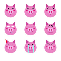 Set of emoticons, emoji isolated on transparent background, vector illustration, animation, website, cartoon, cartoon pig sticker application. Emoticon character design pig face 