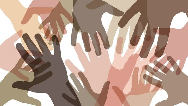 No to racism. Stop to racism and discrimination. Hands of different races touching each other. Animated illustration