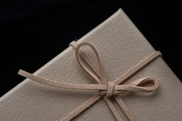 Close-up view of the brown gift box with leather bow