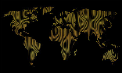 vector illustartion of striped gold colored world map on black background