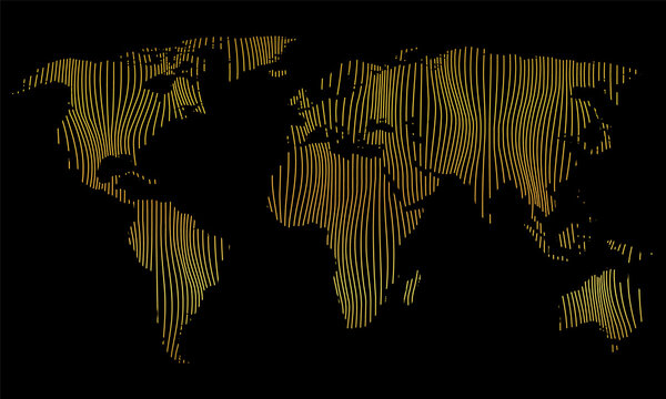 Vector Illustartion Of Striped Gold Colored World Map On Black Background