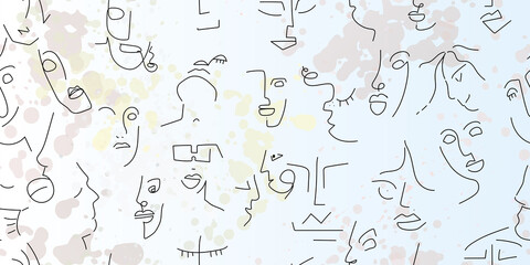 Fototapeta na wymiar One line drawing. Abstract face seamless pattern.