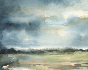 Abstract blauwachtig grijs neutraal landschap met donkere lucht en wolken, met de hand getekend en geschilderd in aquarel