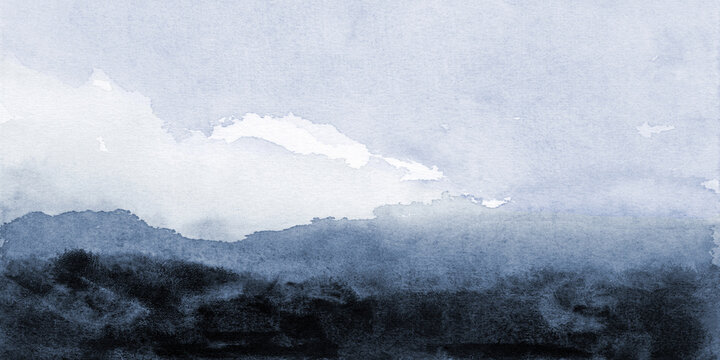 Abstract Blue Watercolor Landscape Background, Hand Drawn and Painted.