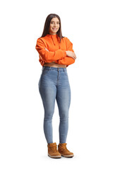 Full length portrait of a young female in jeans and sweatshirt posing