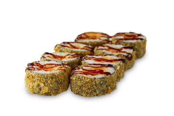 fried sushi roll with salmon, unagi sauce, tempura. Isolated on white background