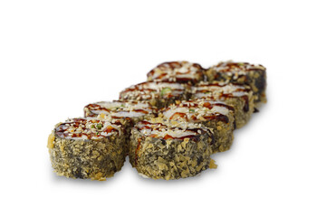 fried sushi roll with chuka, unagi sauce, tempura. Isolated on white background