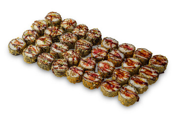 fried sushi roll set with salmon, avocado, eel, chuka, cucumber, tuna and unagi sauce. Isolated on white background