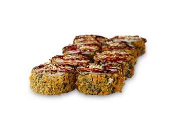 fried sushi roll with eel and unagi sauce. Isolated on white background