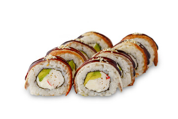 sushi roll with crab meat, avocado, cream cheese, eel, unagi sauce and sesame. Isolated on white background