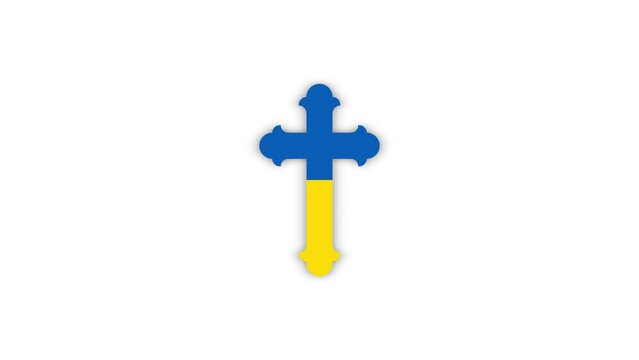 religious cross in the colors of the Ukrainian flag appears on a white background. the beginning of the war between Ukraine and Russia. Footage for your project, news. 4K video animation for motion