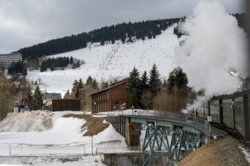 Schmalspurbahn mit Viadukt vor Oberwiesenthal