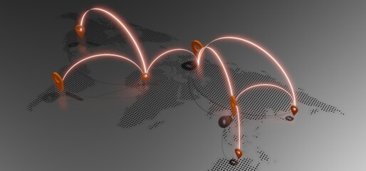 World map and coordinate pins GPS navigation system communication links 3D illustration