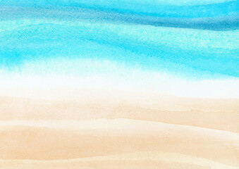 Watercolor painting blue ocean wave on sandy beach background.  Abstract blue sea and beach summer background for banner, invitation, poster or web site design, imitation, space for text..