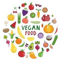 Vector flat illustration of vegetables and fruits on a white background. Vegan food. Avocado, bananas, pears, champignons, strawberries, asparagus, pumpkin, nuts and other organic food.