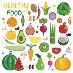 Vector flat illustration of a variety of vegetables and fruits on a white background. Healthy food. Avocado, coconut, bananas, pear, figs,asparagus, pumpkin, nuts and other organic food.