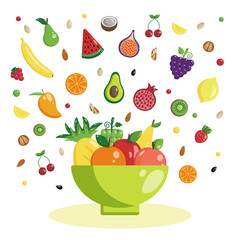 Vector flat illustration of fruit in a plate. Healthy nutrition. Watermelon, banana, pear, lemon, apple and other juicy fruits and nuts.