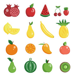 Vector flat illustration of fruit on a white background. Healthy food. Fruit set. Watermelon, banana, pear, lemon, apple and other juicy fruits.