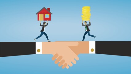 People meeting on handshake, carrying house and money. Dimension 16:9. Vector illustration.