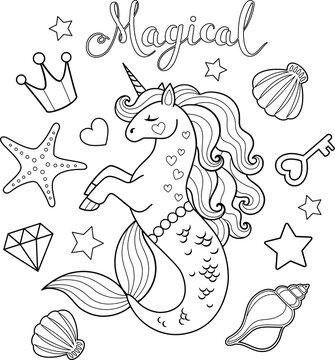 Mermaid unicorn with fish tale, seashells, crown, key and diamond. Vector outline for coloring book