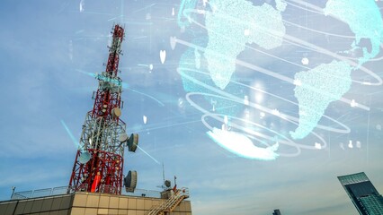 Telecommunication tower with 3D graphic of global business alteration and e-commerce against blue sky in concept of worldwide internet network connections .