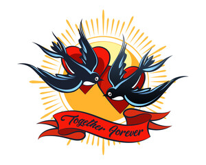 Swallows in the Sky and Banner with Wording Together Forever Tattoo