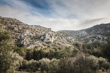 Fototapeta na wymiar Scenic landscape of limestone formations at Sierra de Camarolos, Hondonero, Andalusia, Southern Spain
