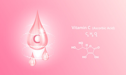 Structure vitamin C drop water collagen pink. 3D Realistic Vector. Medical and scientific concepts. Beauty treatment nutrition skin care design. Vitamin solution complex with Chemical formula nature.