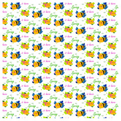  Bees Seamless pattern with honey, flowers, on white background vector illustration. Cute cartoon honey print. It can be used for wallpapers, cards, patterns for clothes  web social poster banner card