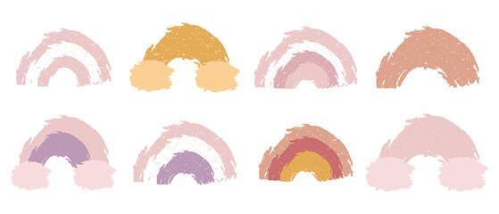 Set with abstract rainbows. Pastel colors.
Drawn with brushes and paints. Texture jagged lines. Modern simple style.