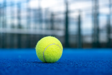 Selective focus.Bright blue tennis, paddle ball or pickleball court close up of service line...