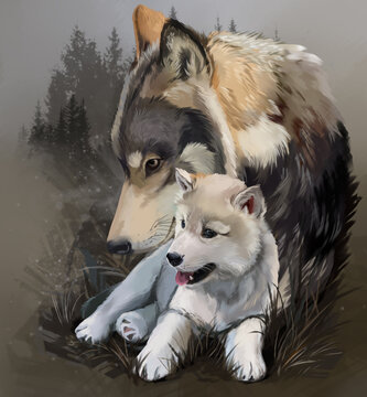 Wolf Cub And His Mother. Watercolor Drawing