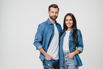 Loving caucasian couple young spouses boyfriend and girlfriend hugging embracing together, sharing passion on romantic date looking at camera isolated in white background