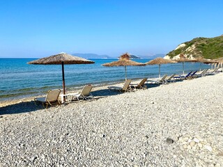Loungers on the beach in Zakynthos, Greece.
