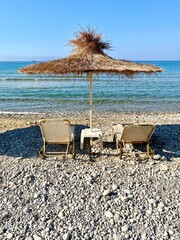Loungers on the beach in Zakynthos, Greece.