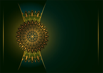 Art of traditional Indian geometric. Luxury mandala graphic background. Gold, dark green, black ornamental on shadow transparency. Decorative pattern east style. Vector illustration with copy space.