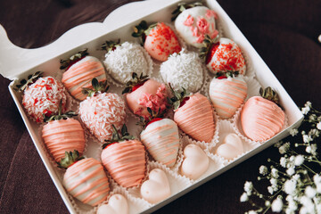 box of chocolates with different flavors and fillings, strawberries in chocolate