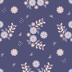 Floral seamless pattern. Delicate pastel beautiful flowers on dark blue background. Vector illustration. Botanical pattern for decor, design, print, packaging, wallpaper and textile