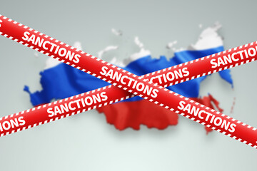 red ribbon with the inscription sanctions on the background of russia. 3D render, 3D illustration.