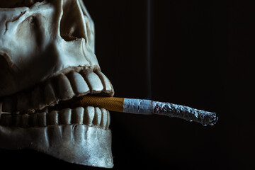 Artificial human skull with a cigarette