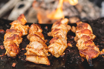 Preparing chicken meat skewers, grilled or roasted in a barbecue on an open fire and flames, shashlik or shashlyk for a picnic with pitchforks, close up