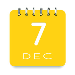 7 day of the month. December. Cute yellow calendar daily icon. Date day week Sunday, Monday, Tuesday, Wednesday, Thursday, Friday, Saturday. Cut paper. White background. Vector illustration.