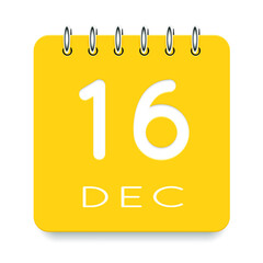 16 day of the month. December. Cute yellow calendar daily icon. Date day week Sunday, Monday, Tuesday, Wednesday, Thursday, Friday, Saturday. Cut paper. White background. Vector illustration.