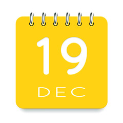 19 day of the month. December. Cute yellow calendar daily icon. Date day week Sunday, Monday, Tuesday, Wednesday, Thursday, Friday, Saturday. Cut paper. White background. Vector illustration.