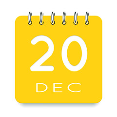 20 day of the month. December. Cute yellow calendar daily icon. Date day week Sunday, Monday, Tuesday, Wednesday, Thursday, Friday, Saturday. Cut paper. White background. Vector illustration.