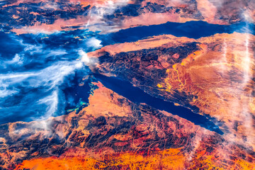 Fototapeta na wymiar Coastline in the Red Sea. Digital Enhancement. Elements by NASA