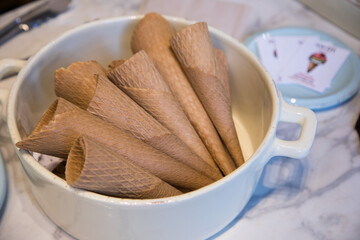 Ice cream cones in a bowl