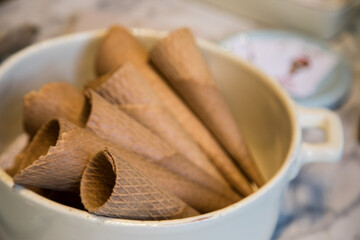 Ice cream cones in a bowl