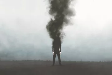 Foto auf Alu-Dibond Illustration of man vanishing in a dark black smoke, surreal emotional concept © fran_kie