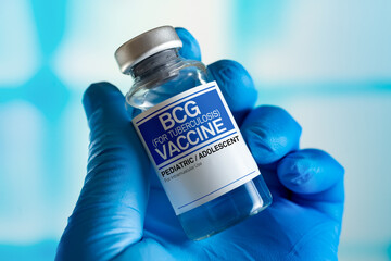 Doctor with vial of the doses vaccine for BCG Bacillus Calmette Guerin against tuberculosis disease. Vaccination for booster shot for BCG Bacillus Calmette Guerin against tuberculosis in the children - obrazy, fototapety, plakaty